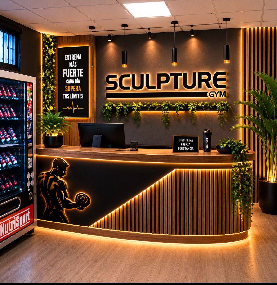Render de la nueva recepción de Sculpture Sport Club: madera, acabados en negro, iluminación cálida y el logo del gimnasio en la pared